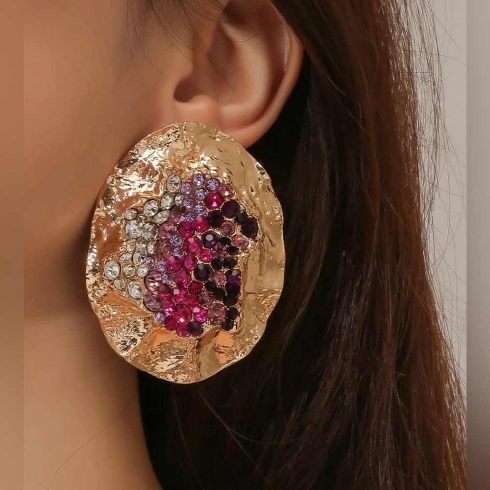 Unique “Geode” Pink and Purple Crystal Hammered Gold-Tone Earrings